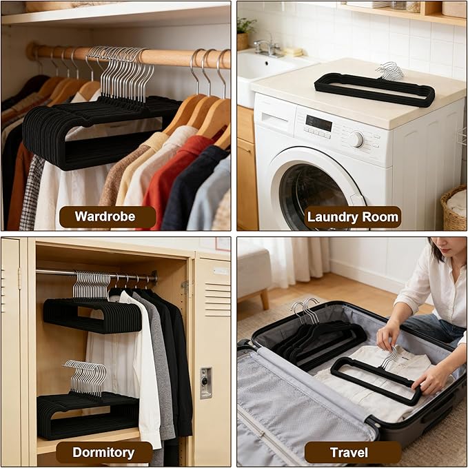 60 Pack Black Velvet Pants Hangers, Flocked Pants Hangers, Felt Clothes Hanger Heavy Duty Non Slip, Space-Saving Clothing Hanger with 360 Swivel Hook for Coat Jeans Shorts Skirts Tank Top