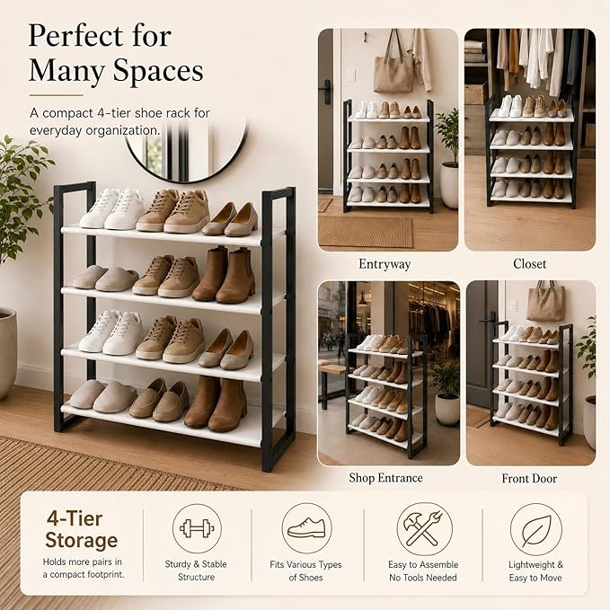 4-Tier Shoe Rack for Closet & Entryway, Stackable Shoe Organizer with Screw-Fastened Metal Frame, Less Wobble Design, Heel-Friendly Non-Woven Shelves, 11.8" Deep Space-Saving Shoe Storage Black