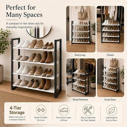 4-Tier Shoe Rack for Closet & Entryway, Stackable Shoe Organizer with Screw-Fastened Metal Frame, Less Wobble Design, Heel-Friendly Non-Woven Shelves, 11.8" Deep Space-Saving Shoe Storage Black