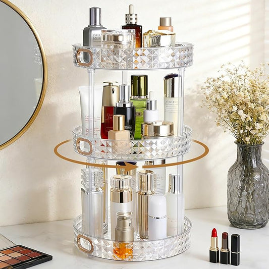 360 Rotating Makeup Organizer for Vanity, 3 Tier Diamond Pattern Perfume Organizer, 10.7" Large Capacity Lotion Skincare Organizer, Perfume Stand, Bathroom Countertop Organizer, Clear