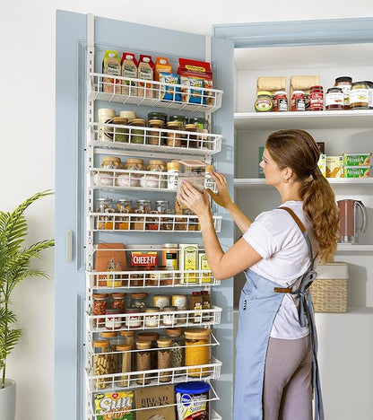 Mefirt Over The Door Pantry Organizer, Wall Mount Spice Rack, Pantry Hanging Storage and Organization, 8 Adjustable Baskets Heavy-Duty Metal for Home & Kitchen, Back of Door Seasoning Rack - White