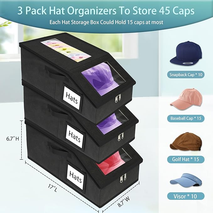 Stackable Hat Storage for Baseball Caps, 3 PCS Hat Storage Boxes for Closet, Holds up to 45 Caps with Cardboard, Hat Organizer for Women & Men(Two Clear Window)（Black）