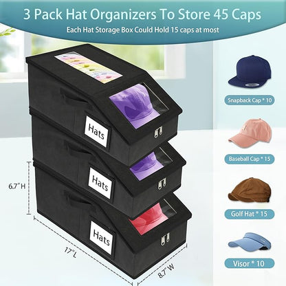 Stackable Hat Storage for Baseball Caps, 3 PCS Hat Storage Boxes for Closet, Holds up to 45 Caps with Cardboard, Hat Organizer for Women & Men(Two Clear Window)（Black）