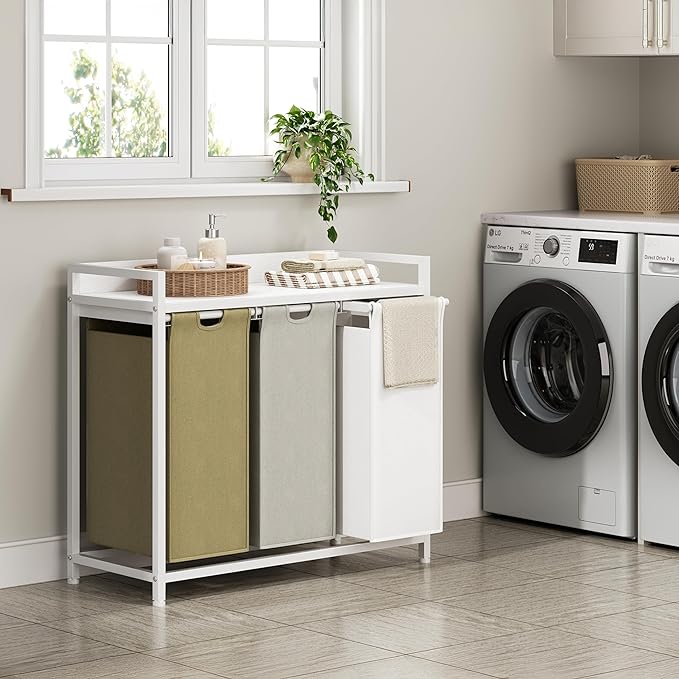 Herture Laundry Hampers with Shelf, Laundry Basket 3 Section, Laundry Sorter with Pull-Out Removable Large 3 Color Bags and Movable Wheels, Metal Frame, 3 x 15.87 Gallons (60L), White PF04XLE