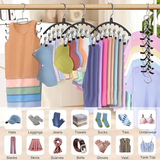 5 Pack Legging Organizer for Closet Hanging, 3 Pants Leggings Hangers with 30 Clips, 1 Tank Top Hanger, 1 Metal Magic Space Saving Hangers Closet Organizers and Storage for Pants Skirts Bra