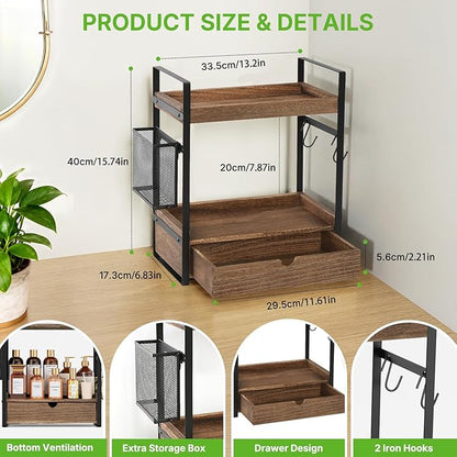 2-Tier Bathroom Counter Organizer with Drawer Basket and Hooks, Wood Bathroom Organizers and Storage for countertop, Farmhouse Dark Brown Countertop Organizer, Counter Shelf for Vanity Kitchen Office