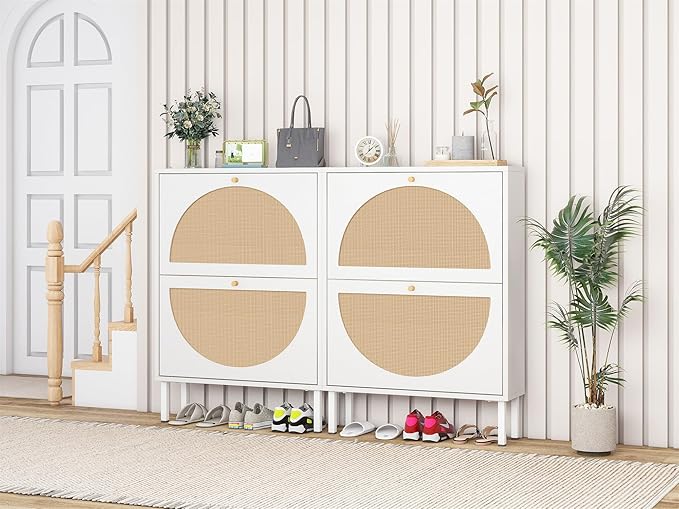 ZeHuoGe Rattan Shoe Cabinet with 2 Flip Drawers, White Shoe Shelf Organizer with Circle Rattan Doors, Entryway Narrow Storage Cabinet for Heels,Slippers(White)