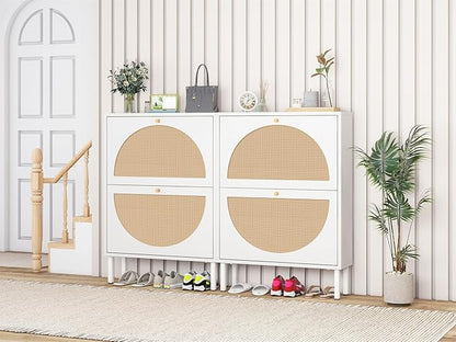 ZeHuoGe Rattan Shoe Cabinet with 2 Flip Drawers, White Shoe Shelf Organizer with Circle Rattan Doors, Entryway Narrow Storage Cabinet for Heels,Slippers(White)