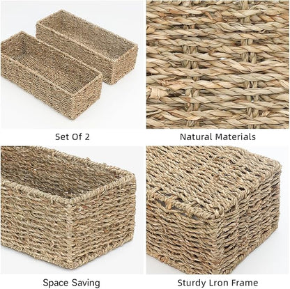[2-Pack] Seagrass Storage Baskets, Rectangle Wicker Containers, Wicker Toilet Basket Tank Topper, Handwoven Natural Storage Baskets for Shelves, Bathroom, Bedroom (16" x 6.5" x 4.3")