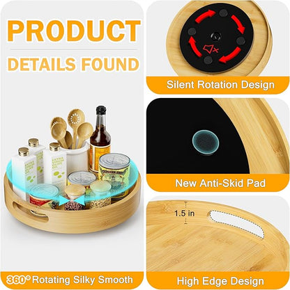 Lazy Susan Organizer Homerays 12 Inch Non-Skid Bamboo Lazy Susan for Kitchen Rotating Spice Rack with Handles, Wood Turntable for Kitchen Cabinet,Countertop (Bamboo, Medium)