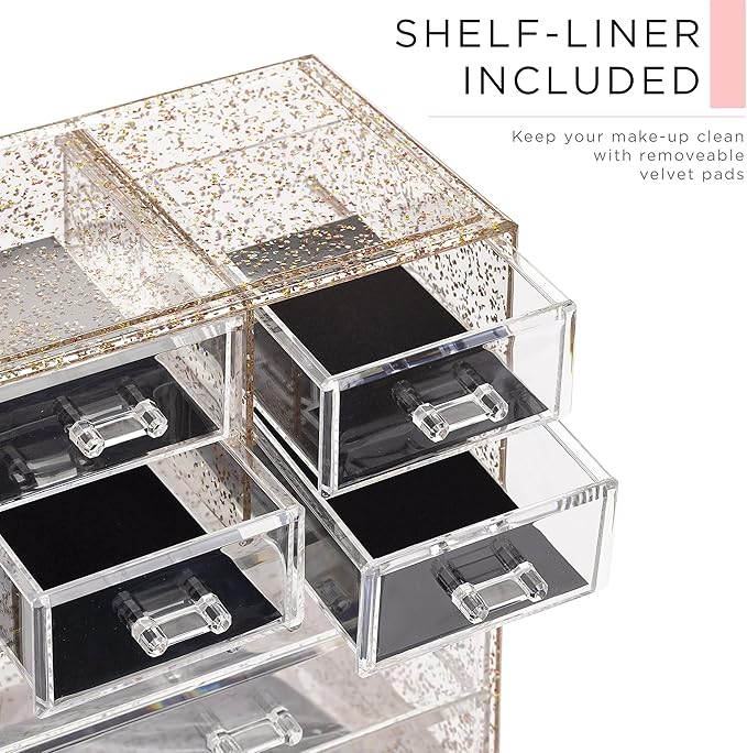 Sorbus Acrylic Makeup Organizer Set, 7-Drawer Vanity & Countertop Cosmetic Storage with Small & Wide Compartments, Glitter Makeup Storage for Brushes, Jewelry – Holiday Gift for Women & Teens