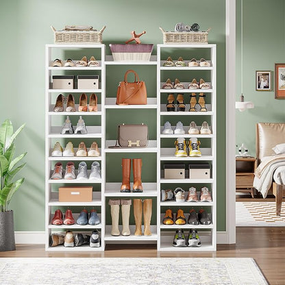 Little Tree 14-Tier Shoe Rack, Freestanding Tall Shoe Shelf, White Wooden Shoe Storage Cabinet with 22 Open Cubbies, 46 Pairs Wide Entryway Shoe Organizer Shoe Cabinet for Living Room, Bedroom