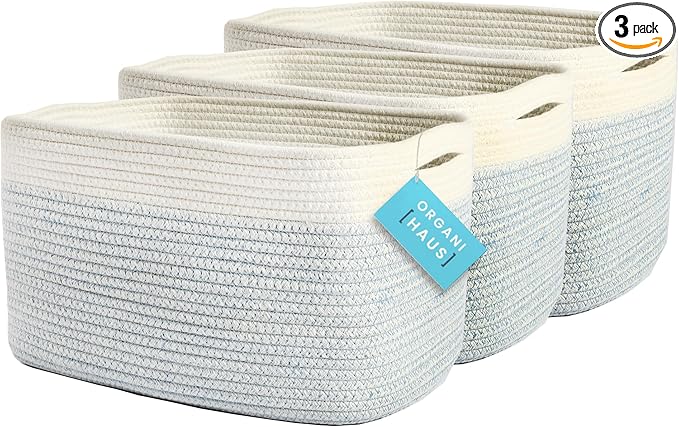 Blue Cotton Rope Baskets for Shelves, Set of 3-15"×10"×9½" - Colorful Storage Baskets for Kids - Nursery, Playroom, Classroom - Toy Storage, Books, Towels