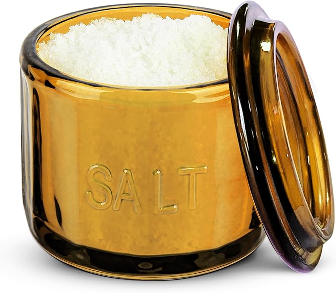 KooK Glass Salt Cellar, with Lid, Embossed Pressed Glass, Clear Storage Container, for Coffee, Sugar, Spices and Candies, Handwash Only, 10 oz, (Vintage)