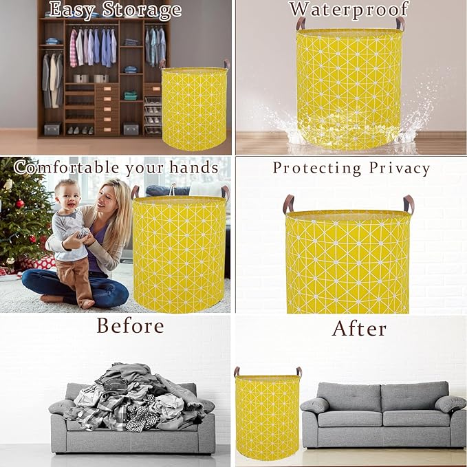 Waterproof Laundry Hamper Collapsible Laundry Basket Leather Handle Laundry Bag Large Clothes Storage Toy Organization for Bathroom Bedroom Laundryroom College Dorms (Nursery Bins Boxes-002)