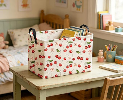 Sanjiaofeng Rectangular Kids Baskets,Pink Cherry Storage Bin,Kids Storage Bins,Collapsible Storage Bin Cute Organizer Box Books Box,Gift Basket,Girl Room Decor(Cherry)