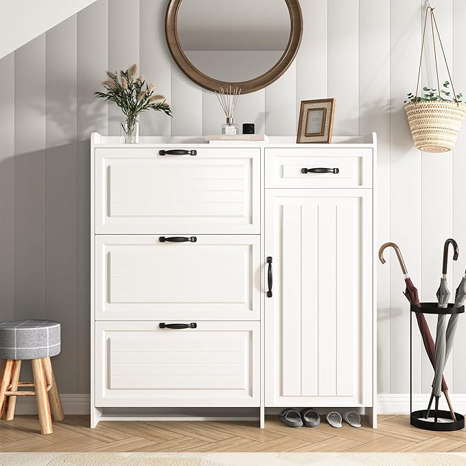 Shoe Cabinet for Entryway, Freestanding Shoe Storage Cabinet with 3 Flip Drawers and Side Cabinet, Narrow Shoe Rack Organizer with Adjustable Shelves, Modern Slim Hidden Shoe Cabinet, White