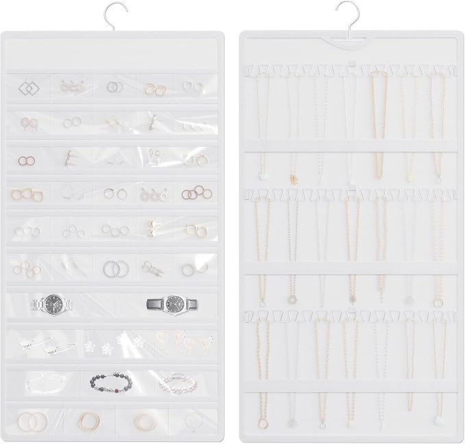 Hanging Jewelry Organizer Storage Roll, Double-Sided Necklaces Holder, 42 Pockets Plus 36 hooks Earrings Organizer Hang in Closet, On Wall, or Doors, White