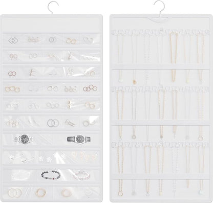 Hanging Jewelry Organizer Storage Roll, Double-Sided Necklaces Holder, 42 Pockets Plus 36 hooks Earrings Organizer Hang in Closet, On Wall, or Doors, White