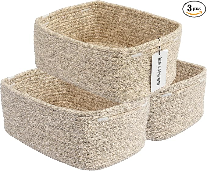 XUANGUO Small Woven Storage Baskets 12“X8”X5“ Decorative Rope Bins for Organizing Shelves, Closets, and Toys, Empty Gift Baskets, Cute Organizer Basket for Home and Office (oatmeal, regular)