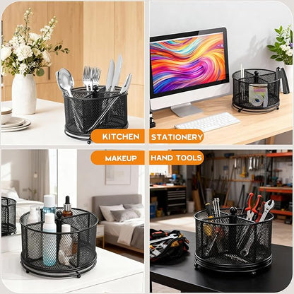 360° Rotating Metal Utensil Caddy, 4 Compartment Silverware Cutlery Holder, Effortless Access Fork Spoon, Silverware Holder for Party Countertop Buffet Picnic Camping Outdoor (Black)