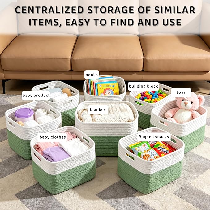 4 Pack Storage Baskets for Organizing, 12''Lx9''Wx8''H Woven Baskets for Storage Toys, Towels, Books, and Clothes, Cotton Rope Basket for Shelves with Handle