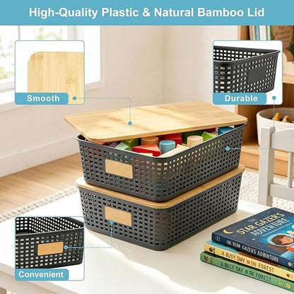 Bagnizer 4 Pack Plastic Storage Bins with Bamboo Lids, 6.2qt Stackable Storage Organizer Box with Lable for Pantry Shelves Drawers Desktop Office, 12"L x 8.3"W x 3.5"H, Gray