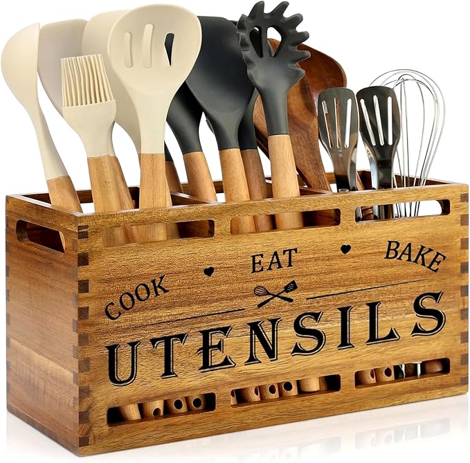 Acacia Wood Extra Large Utensil Holder for Kitchen Counter Rustic Spatula Holder For Counter Top Organizer Kitchen Cooking Utensil Storage Countertop Silverware Caddy Wooden Spoon Kitchen Tools Holder