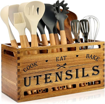 Acacia Wood Extra Large Utensil Holder for Kitchen Counter Rustic Spatula Holder For Counter Top Organizer Kitchen Cooking Utensil Storage Countertop Silverware Caddy Wooden Spoon Kitchen Tools Holder