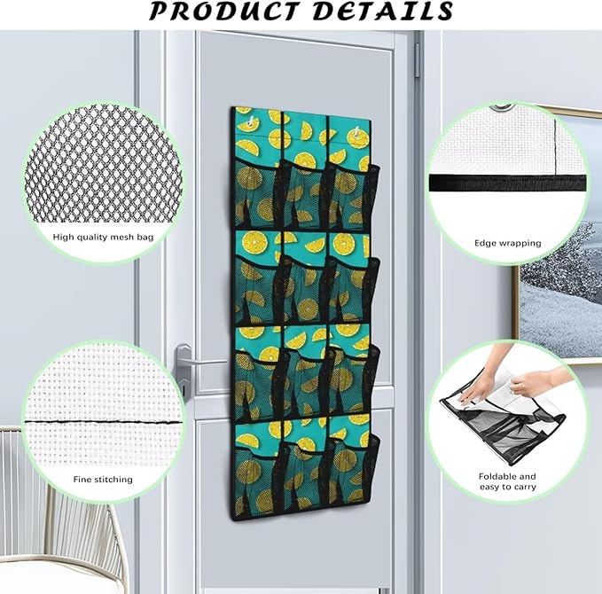 Orange Over the Door Shoe Organizer,Shoe Organizer Door Hanger with 12 Mesh Large Pockets,Space Saver,Unique Print