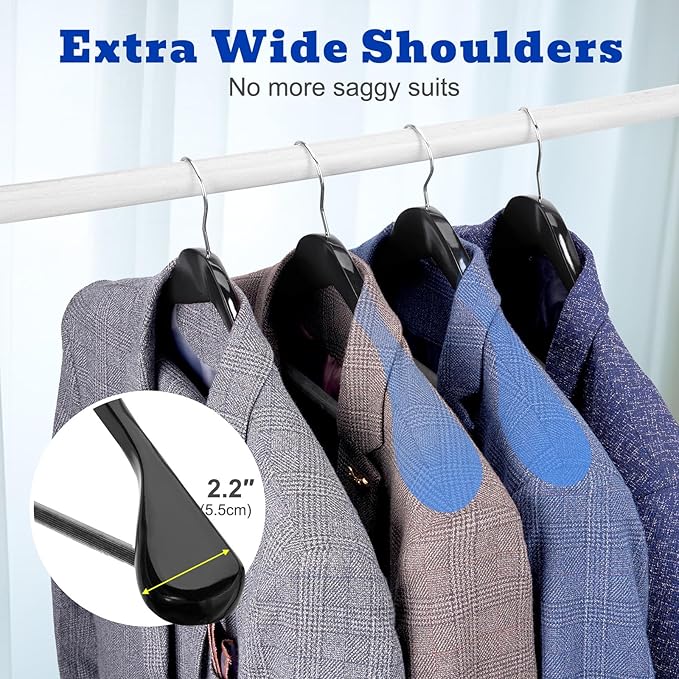 HOUSE DAY Wood Suit Hangers for Men 24 Pack, Smooth Wide Shoulder Wooden Hangers with Non Slip Pant Holder, Wide Hangers for Suits, Coats, Jackets, Heavy Wide Clothes Hanger, Black