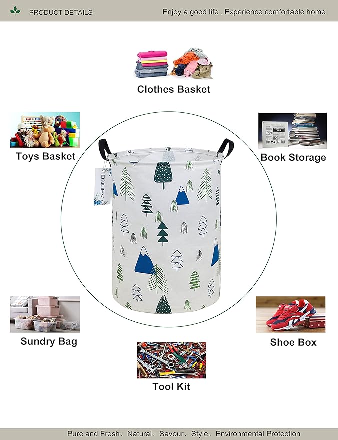 Round Foldable laundry basket with handle,gift basket,suitable for children's room and toy storage (Forest)