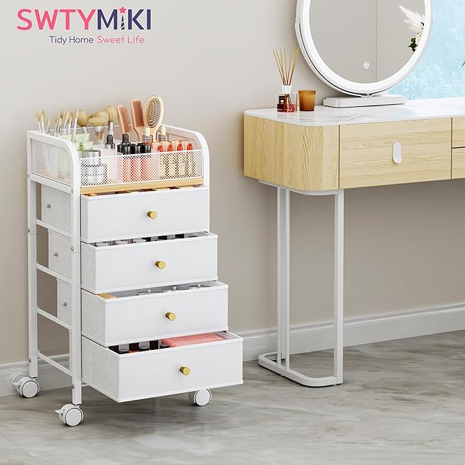 SWTYMIKI Rolling Makeup Organizer Cart - 14.96″*11.81″*27.55″ Widened Under Desk Vanity Storage with 4 Non-woven Drawers, Cosmetic Display Cases for Skin Care Perfume Nail Polish Brush Hair Tool White