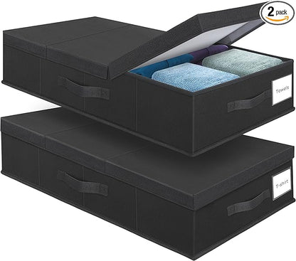 Supowin Underbed Storage Containers Bin with Lids (Set of 2) Large Under Bed Storage Organizer Box with Handle, Foldable Under the Storage Bags for Organizing Clothes, Shoes, Blankets, Pillows-Black