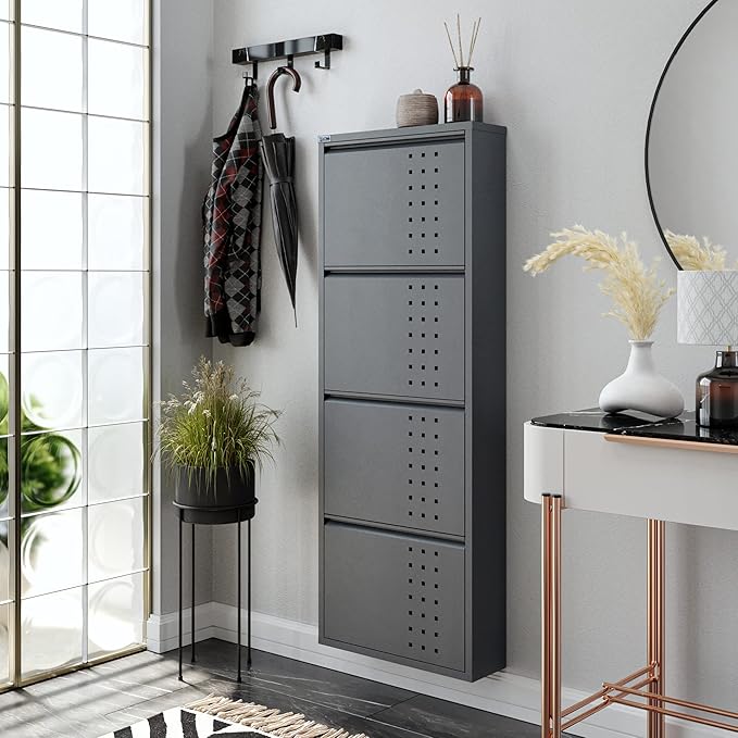 4 Tier Metal Shoe Cabinet with Cover, Durable Shoe Storage Organizer for Entryway, Space Saving Shoe Shelf Closet with Front Ventilation Holes, 5.91" x 53.5" x 19.68", Anthracite
