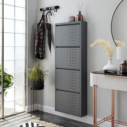 4 Tier Metal Shoe Cabinet with Cover, Durable Shoe Storage Organizer for Entryway, Space Saving Shoe Shelf Closet with Front Ventilation Holes, 5.91" x 53.5" x 19.68", Anthracite