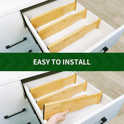 VaeFae 6 Pack Bamboo Drawer Dividers, 4" High Adjustable 16.6" - 21.8" Clothes Drawer Organizers, Expandable Separators for Bedroom/Bathroom/Kitchen/Office Storage