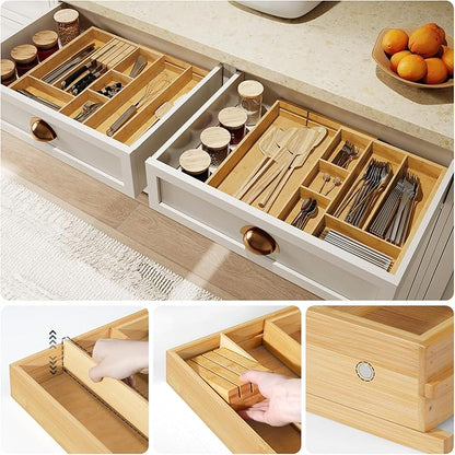 HOOBRO Large Silverware Organizer Kitchen Drawer Organizer, Magnetic Connected Expandable Utensil Organizer From 22 to 35 Inches, Bamboo 16 Slots Cutlery Tray with Knife Holder, Natural YL07TL01