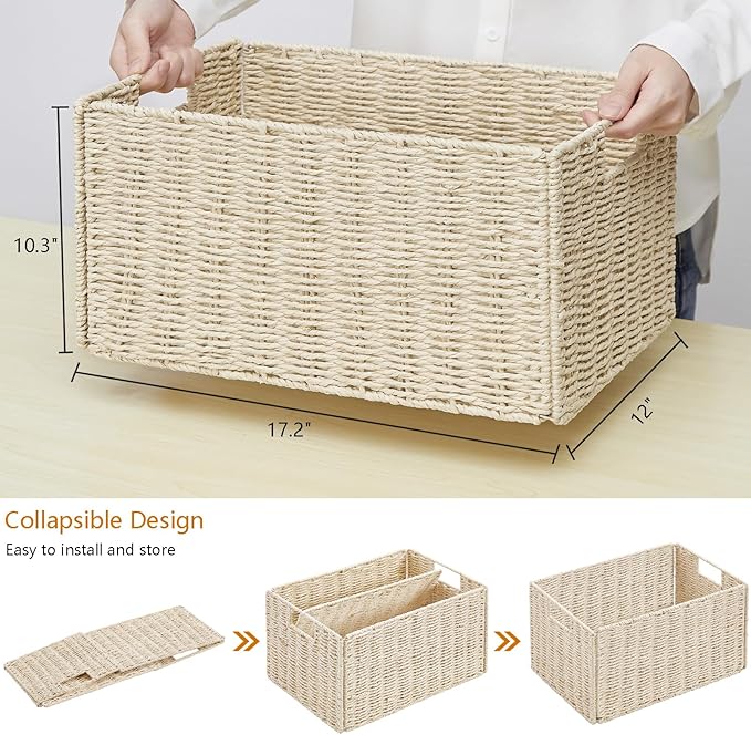 Vagusicc Wicker Storage Basket, Set of 2 Hand-Woven Paper Rope Wicker Basket, Small Storage Baskets for Organizing Toilet Paper Baskets, Foldable Large Cube Storage Organizer Bin for Shelves (Beige)