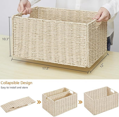 Vagusicc Wicker Storage Basket, Set of 2 Hand-Woven Paper Rope Wicker Basket, Small Storage Baskets for Organizing Toilet Paper Baskets, Foldable Large Cube Storage Organizer Bin for Shelves (Beige)