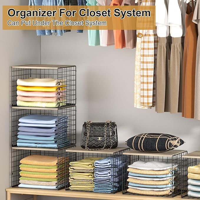4PCS Wider Closet Organizers and Storage, Stackable Closet Shelf Organizer Storage Bins with Wood Top for Sweaters Jeans, Clothes Organizer Shelves for Wardrobe System Rack, Space-Saving,Sturdy Metal