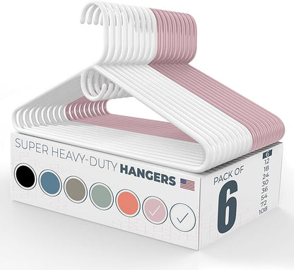 Super Heavy Duty Clothes Hangers 6 Pack – Made in the USA - 10lb Capacity, Thick Plastic Hangers for Pants, Coats, Jackets, Jeans and Adult Clothing – White & Pink