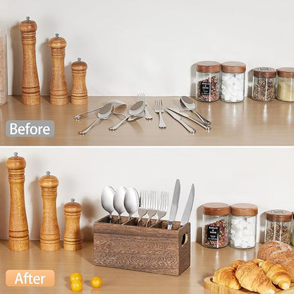 VIVIRBIEN Wooden Silverware Holder, Kitchen Utensil Caddy with 3 Compartments, Cutlery Storage Organizer Countertop, Flatware Organizer for Party, Spoon, Fork Holder