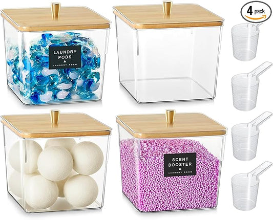 Hudgan 4 Pack Acrylic Storage Containers with Measuring Scoops for Kitchen, Laundry, Pantry, Clear Sturdy Plastic with Gold Handle Perfect for Dried Goods, Snacks, Detergent