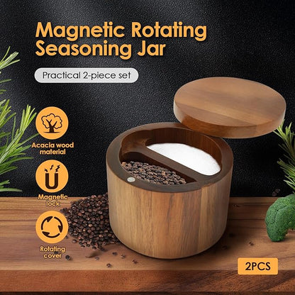 Acacia Wood Salt Cellar, Salt Container with Built in Spoon and Magnetic Swivel Lid, Salt Shakers for Kitchen, Small Wooden Box for Keeping Gourmet Salts, Herbs or Favorite Seasonings (Style 2)