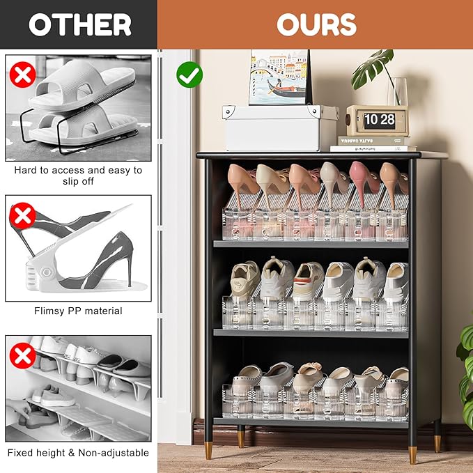 Neprock Shoe Slots Organizer for Closet, 20 Pack Acrylic Shoe Stackers Shoe Rack Holder, 3 Levels Adjustable Thickening Shoe Display Shoe Storage 50% Space Saving Zapateras Organizer (Clear,20 Pack)