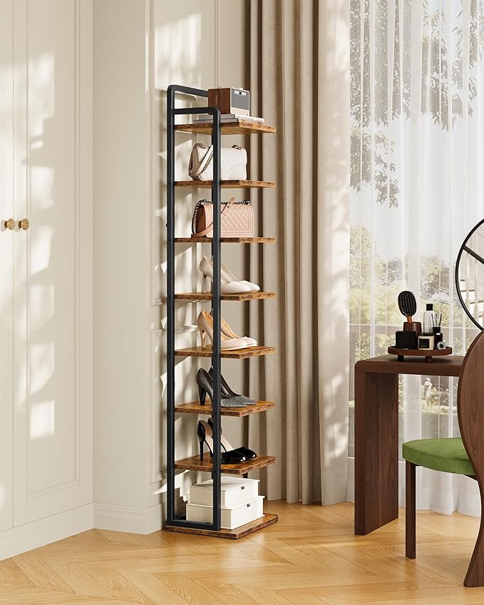 CHOEZON 8-Tier Vertical Shoe Rack, Narrow Shoe Tower, Corner Shoe Storage Organizer, Shoe Shelf, for Small Spaces, Industrial Style, for Entryway, Hallway, Living Room, Rustic Brown and Black TXJ08BF