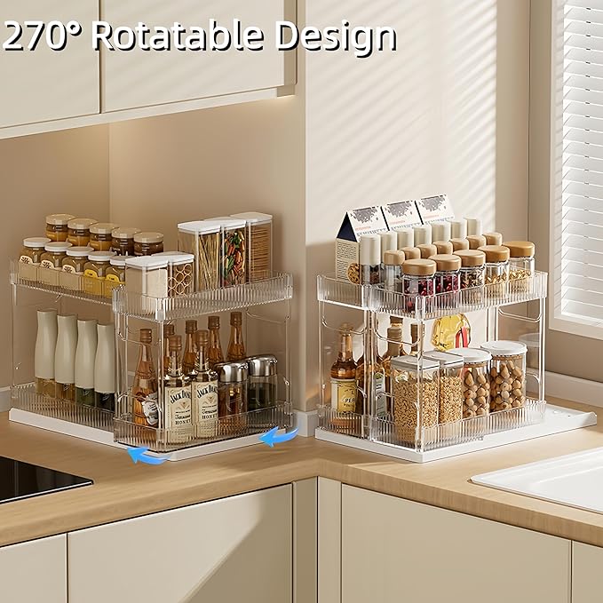 Mustorn Pull Out Spice Rack Organizer for Cabinet, Rotatable 2 Tier Slide Out Seasoning Organizer and Storage Adhesive Vertical Spice Rack Shelf Pullout for Kitchen Cabinets(2 Drawer, Acrylic)