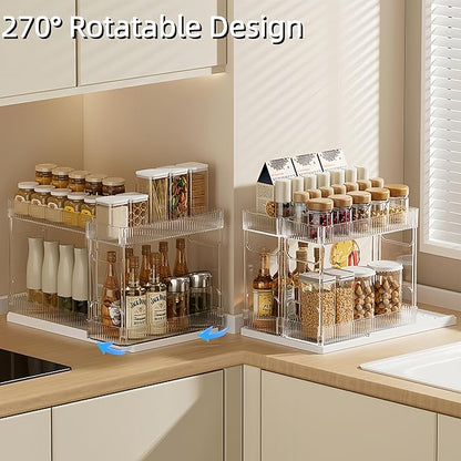 Mustorn Pull Out Spice Rack Organizer for Cabinet, Rotatable 2 Tier Slide Out Seasoning Organizer and Storage Adhesive Vertical Spice Rack Shelf Pullout for Kitchen Cabinets(2 Drawer, Acrylic)