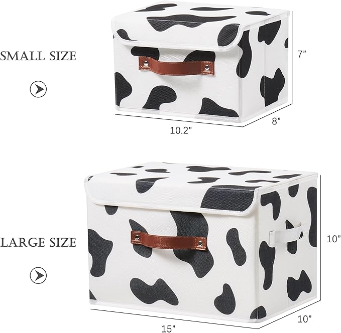 Storage Bin with Lid Cow Print Cute Fabric Storage Basket Box with Faux Leather Handles PP Plastic Board Foldable Washable Lidded Cotton Linen Closet Shelf Organizer Container (Large Size)